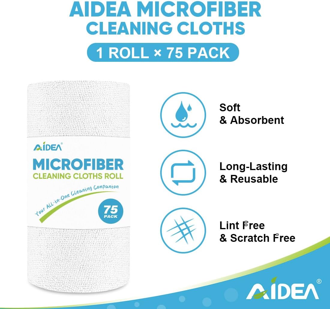 AIDEA Microfiber Cleaning Cloth Roll White, 75PK, Microfiber Towels for Cars, Tear Away Reusable