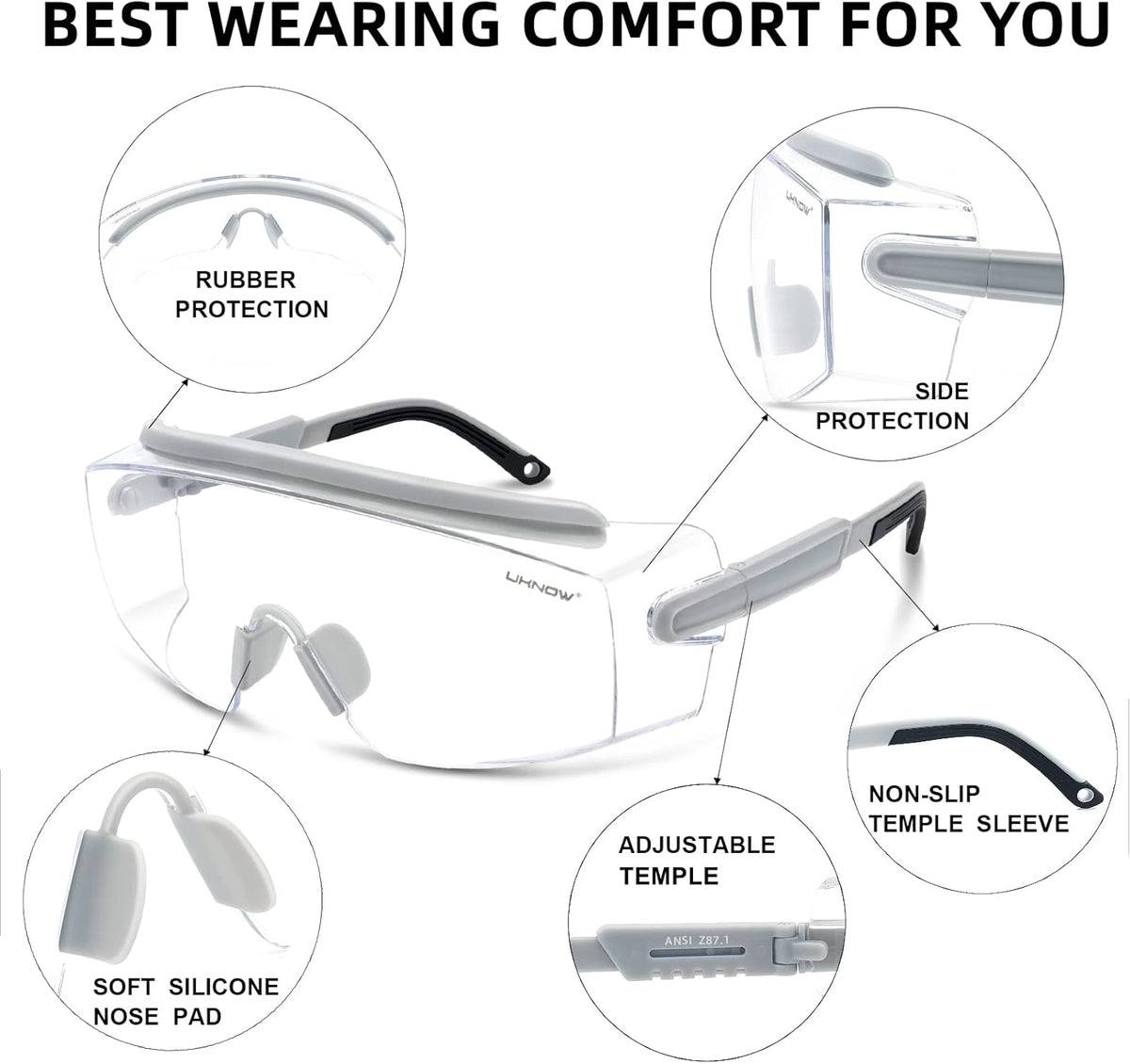 UKNOW Safety Goggles Over Glasses, Safety Glasses Anti Fog Wraparound Eye Protection, Protective