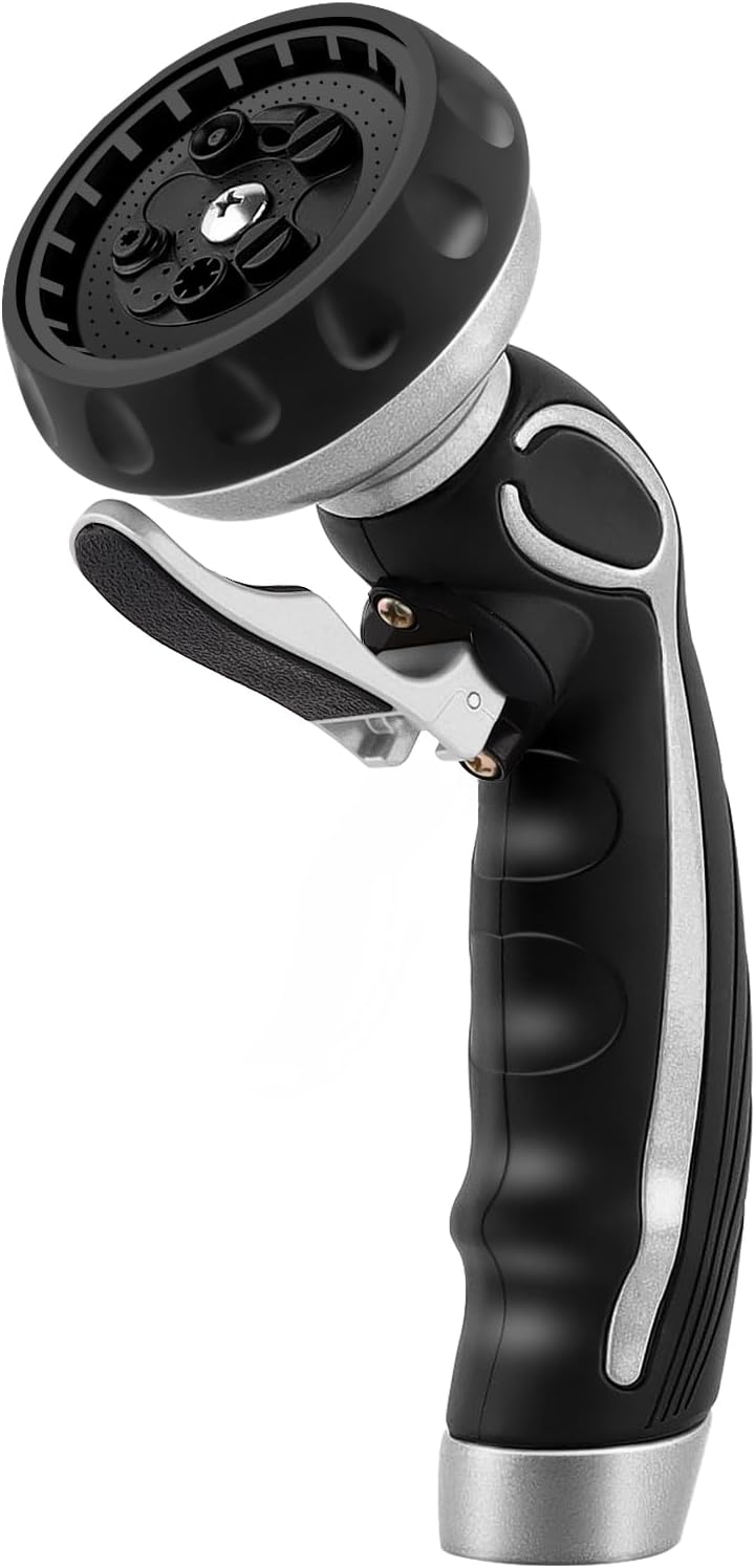 RESTMO Hose Nozzle with Easy Self-Lock Trigger, Heavy Duty Metal Water Hose Sprayer with 9 Spray