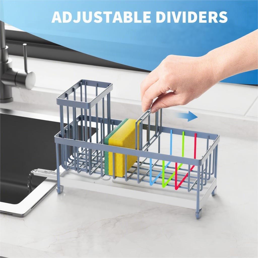 Cisily Blue Gray Sponge Holder for Kitchen Sink, Sink Caddy Organizer with High Brush Holder