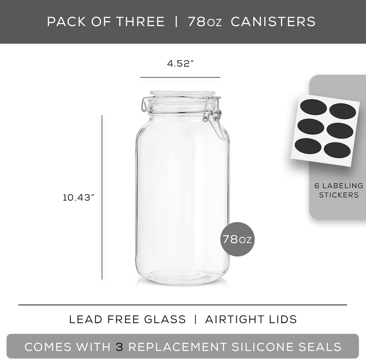 JoyJolt Airtight Glass Jars with Lids Set of 3. 78oz Glass Jar with Lid and 6 Silicone Seals! Large