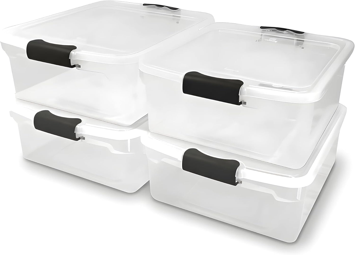 HOMZ 4-Pack Latching Lid, Clear Plastic Storage Organizer Bins, 15.5 Quart, Gray Latch - Stackable