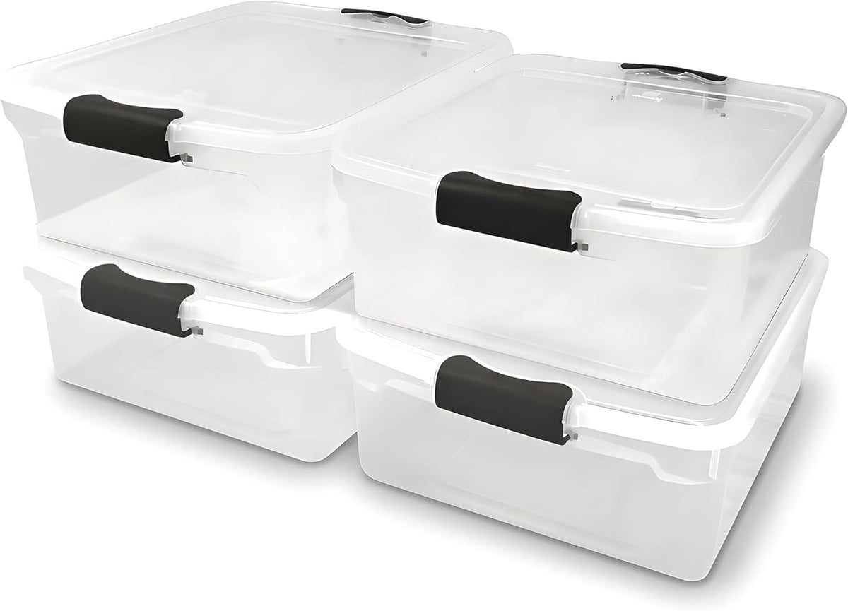 HOMZ 4-Pack Latching Lid, Clear Plastic Storage Organizer Bins, 15.5 Quart, Gray Latch - Stackable
