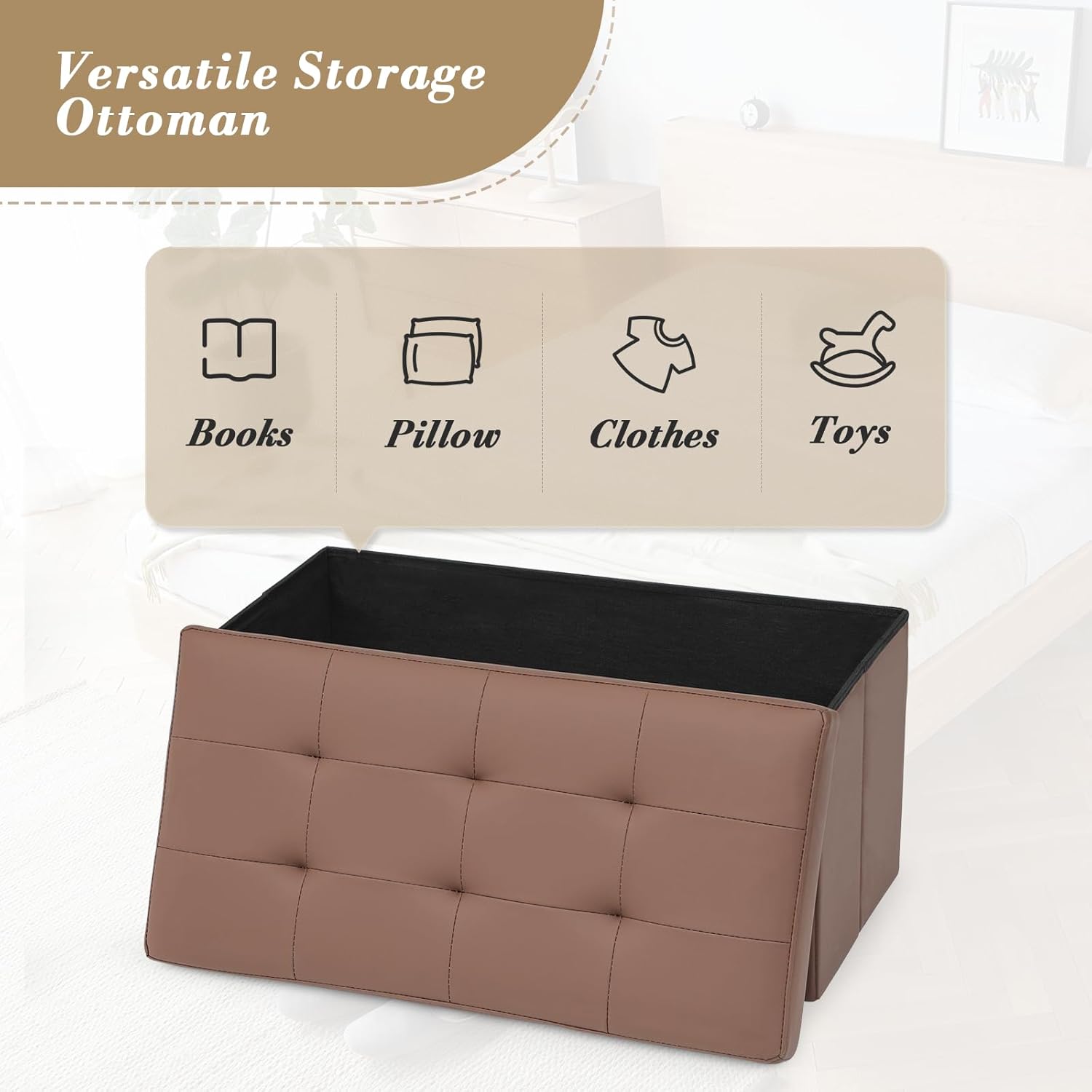 Athena Collection 30" Storage Ottoman Bench Folding Bench with 90L Hidden Storage, Large End of Bed