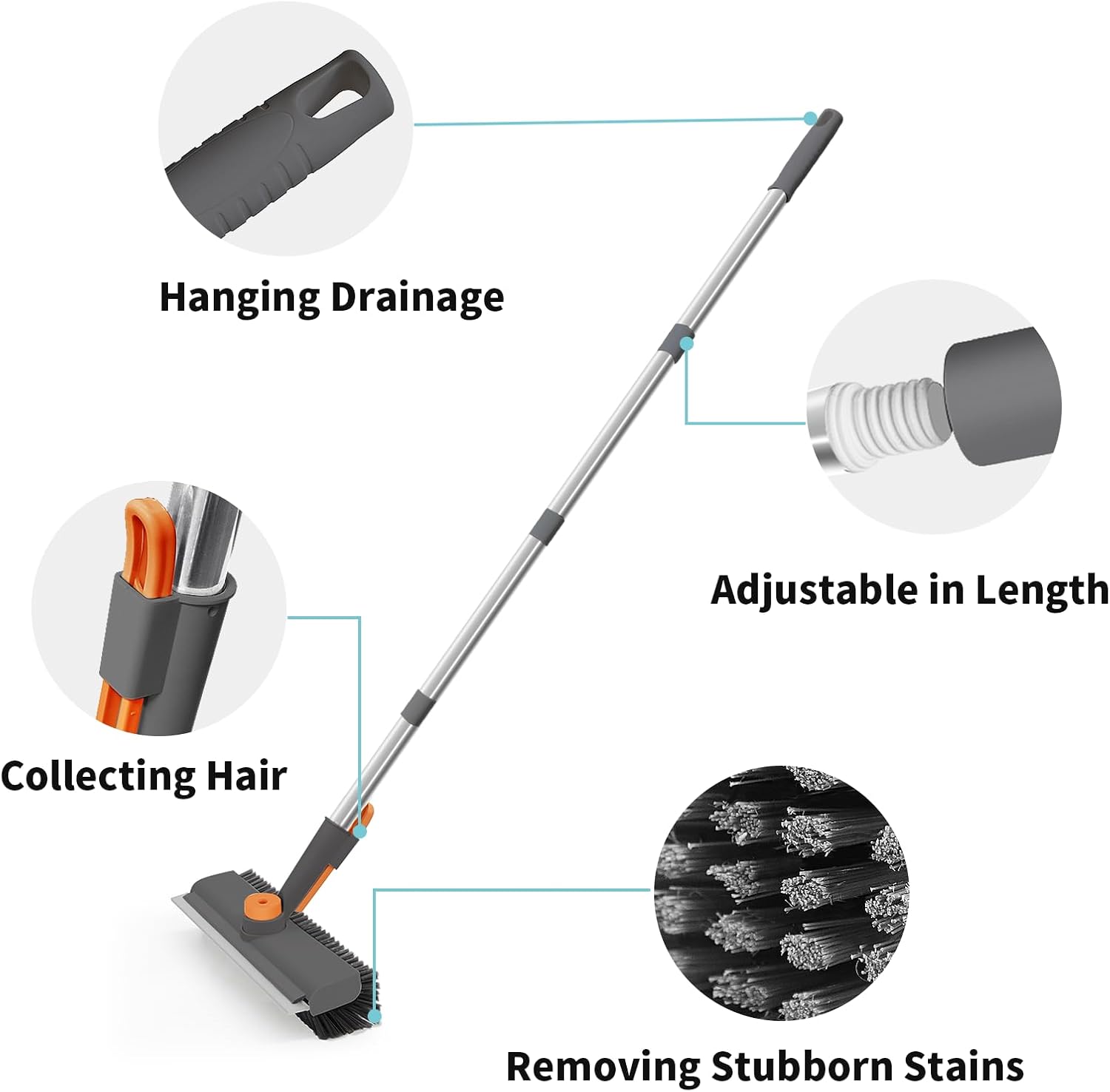Floor Scrub Brush with Long Handle, 3 in 1 Scrape and Heavy-Duty Stiff Bristle Scrubber Brush for