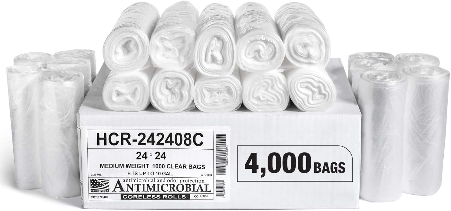 Aluf Plastics High Density Trash Bags, 10 Gallon, 4000 Count, 8 Micron (eq), 24" x 24", Clear, for