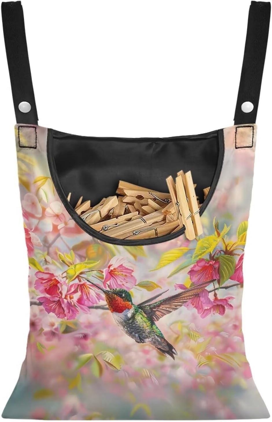 Hummingbird Clothespin Bag with Hanging Rope Cherry Blossom 14.5 x 12 Inch Summer Waterproof