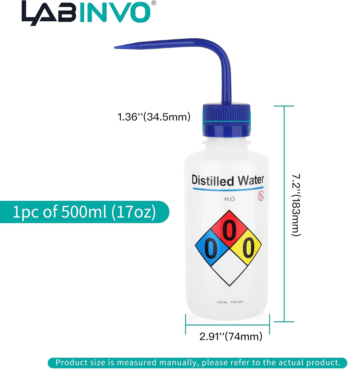 Distilled Water Wash Bottles, 1 PC of Vol.500ml (17oz), Narrow Mouth, Self-Venting Safety Wash