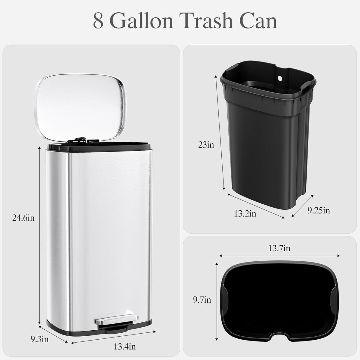 AthLike Trash Can, Stainless Steel Kitchen Garbage Can, Step Waste Bin with Hinged Lid and