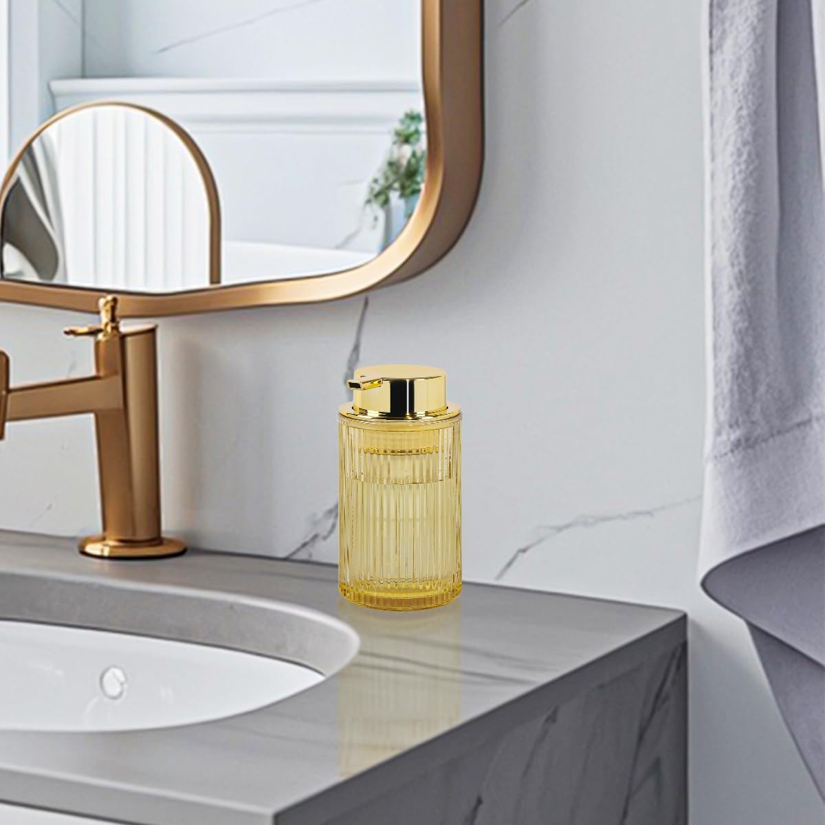 Amber Foaming Soap Dispenser, Glass Foam Hand Soap Dispenser with Gold Pump, 11 Oz Bathroom