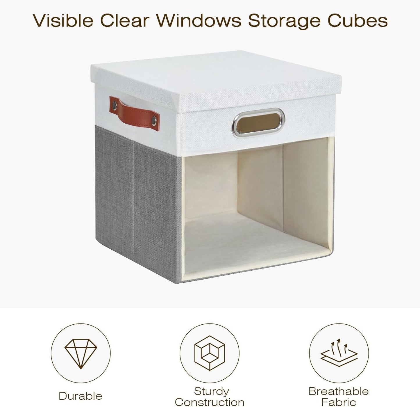 Fabric Storage Cubes with Clear Windows and Lids, 11'' Foldable Storage Bins with 3 Handles