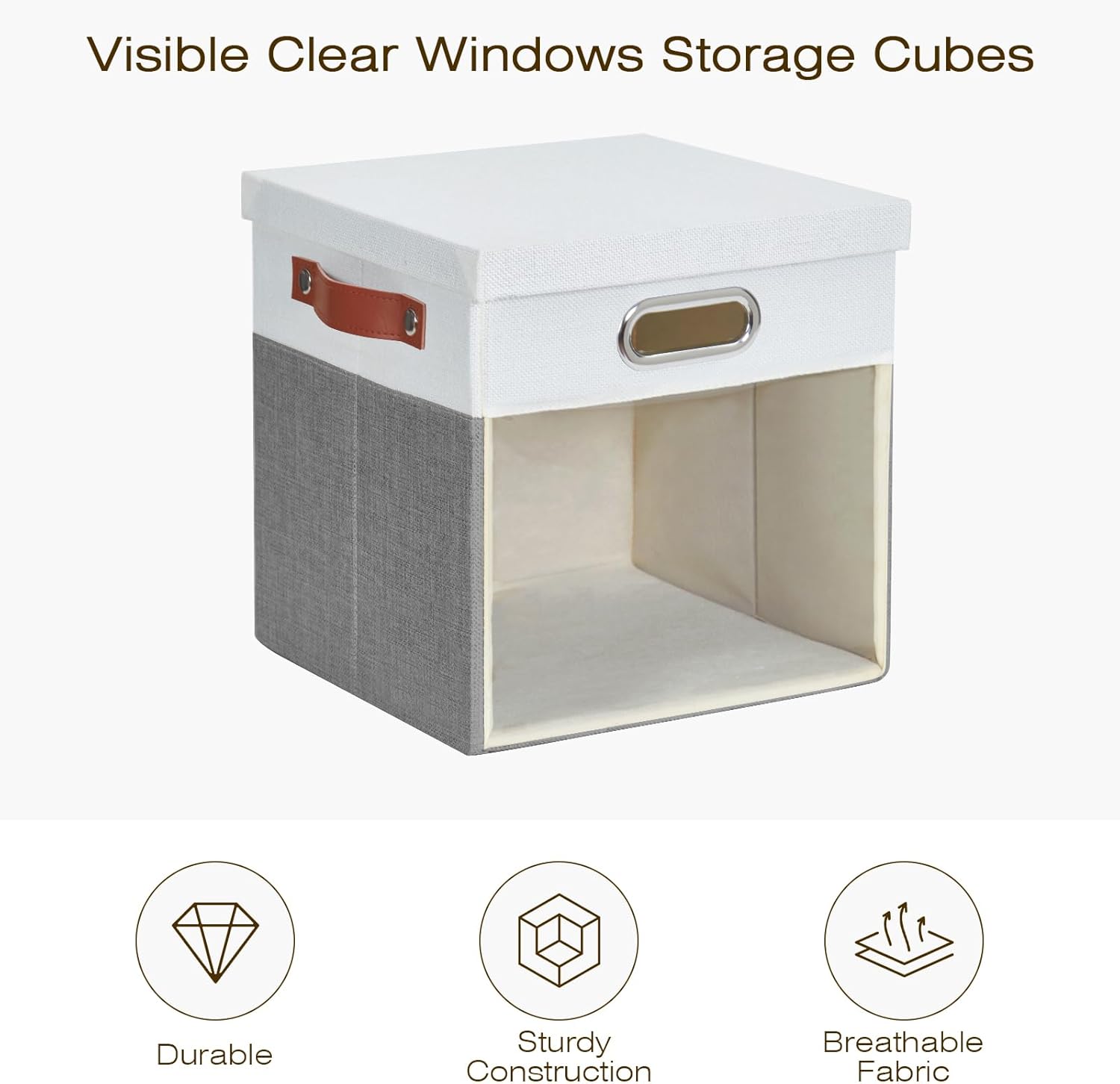 Fabric Storage Cubes with Clear Windows and Lids, 11'' Foldable Storage Bins with 3 Handles