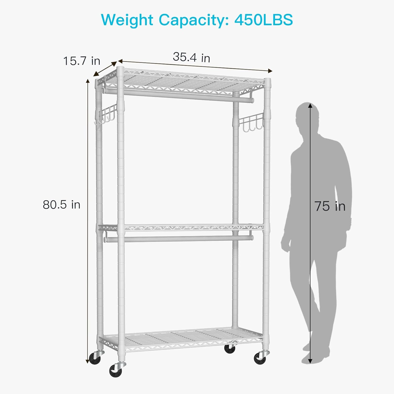 FUTASSI P1 Heavy Duty Garment Rack, 3 Tiers Adjustable Rolling Metal Closet Organizer with Lockable