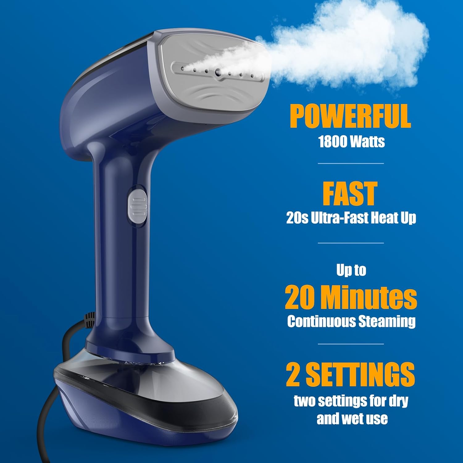 Powerful Handheld Fabric Steamer - 1800W with Fast Ceramic Heat-Up Plate, 2-in-1 Ironing & Wrinkle