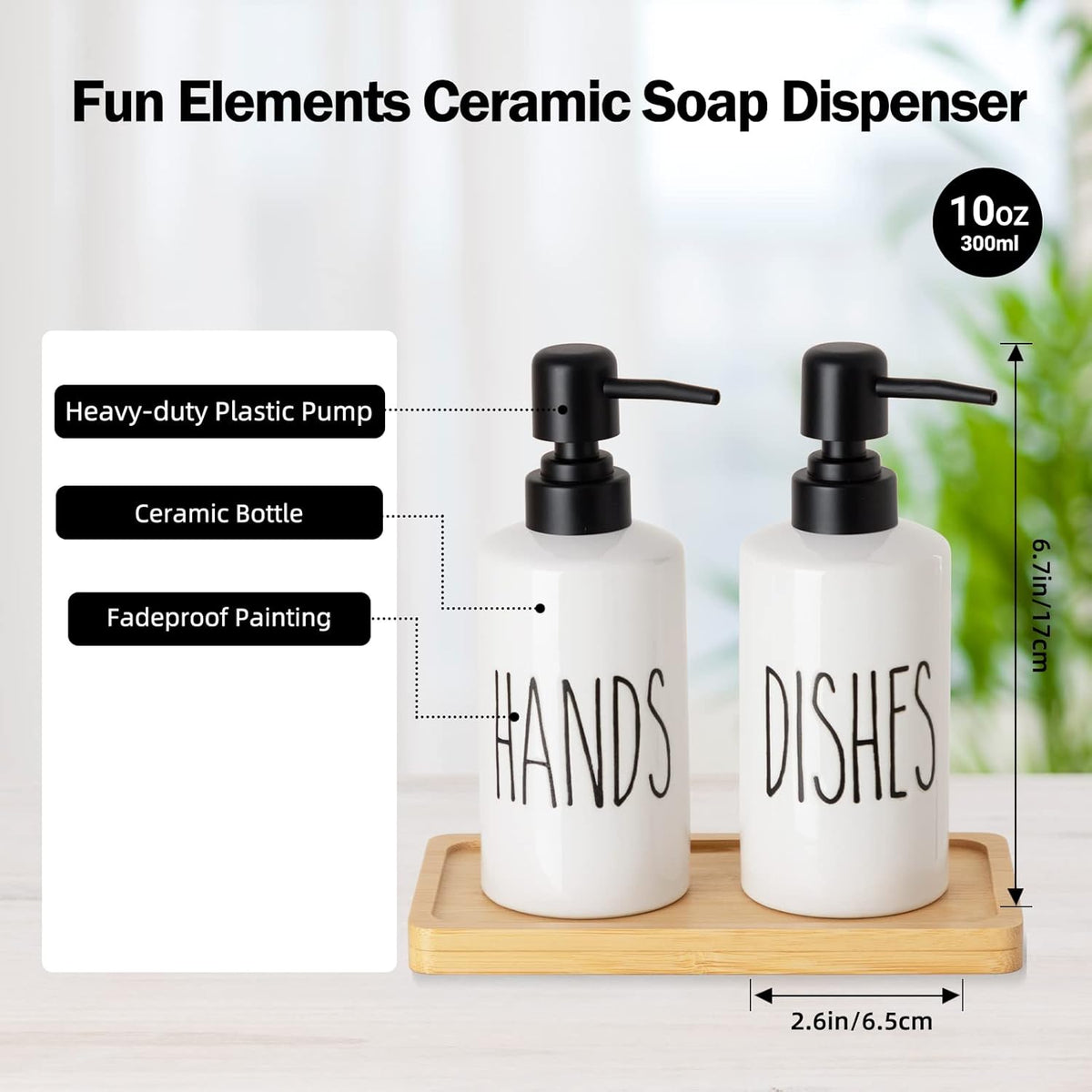 FE Dish Soap Dispenser for Kitchen, 10oz Ceramic Soap Dispenserr for Bathroom with Plastic
