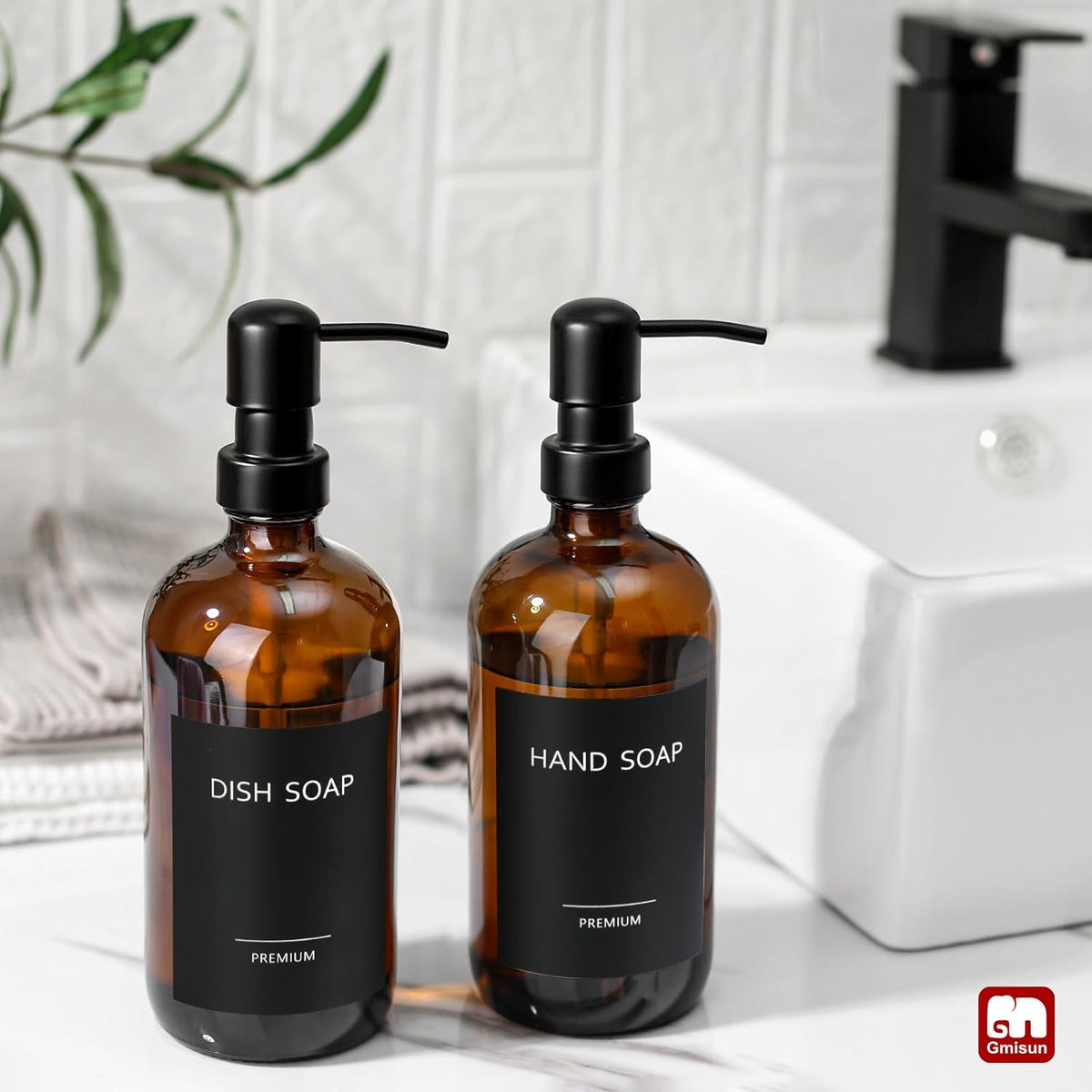 GMISUN Amber Glass Soap Dispenser, 2 Pack Bathroom Hand Soap Dispensers with Stainless Steel Pump