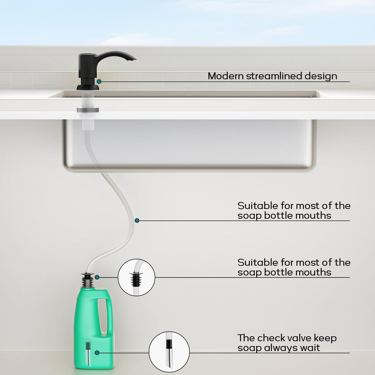 SAMODRA Built-in Kitchen Sink Soap Dispenser with Extension Tube Kit - Matte Black Finish