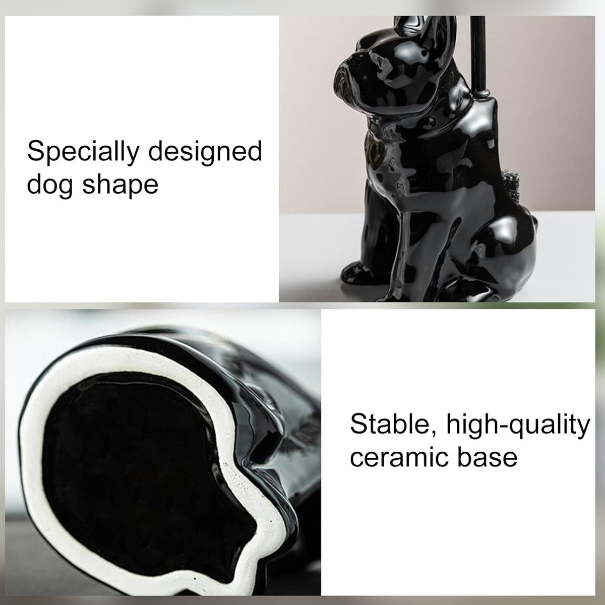 Comeon Ceramic Dog White/Black Toilet Brush and Holder Set, Plastic Handled Scrub Brush for