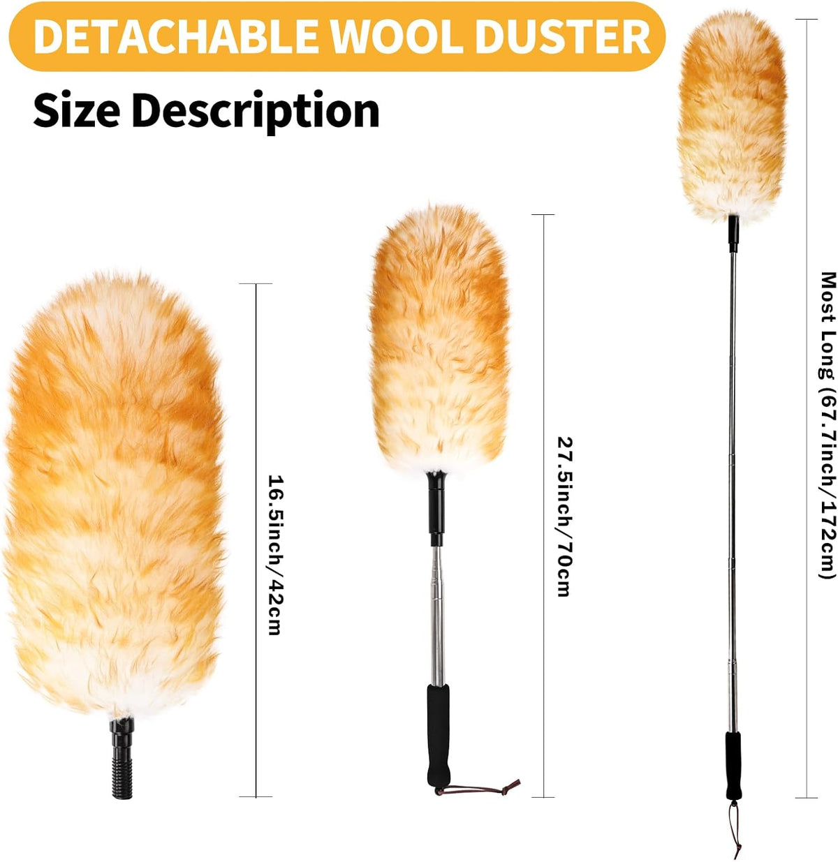 Lambswool Extendable Duster,67.7Inch Telescoping Feather Dusters with Stainless Steel Extension