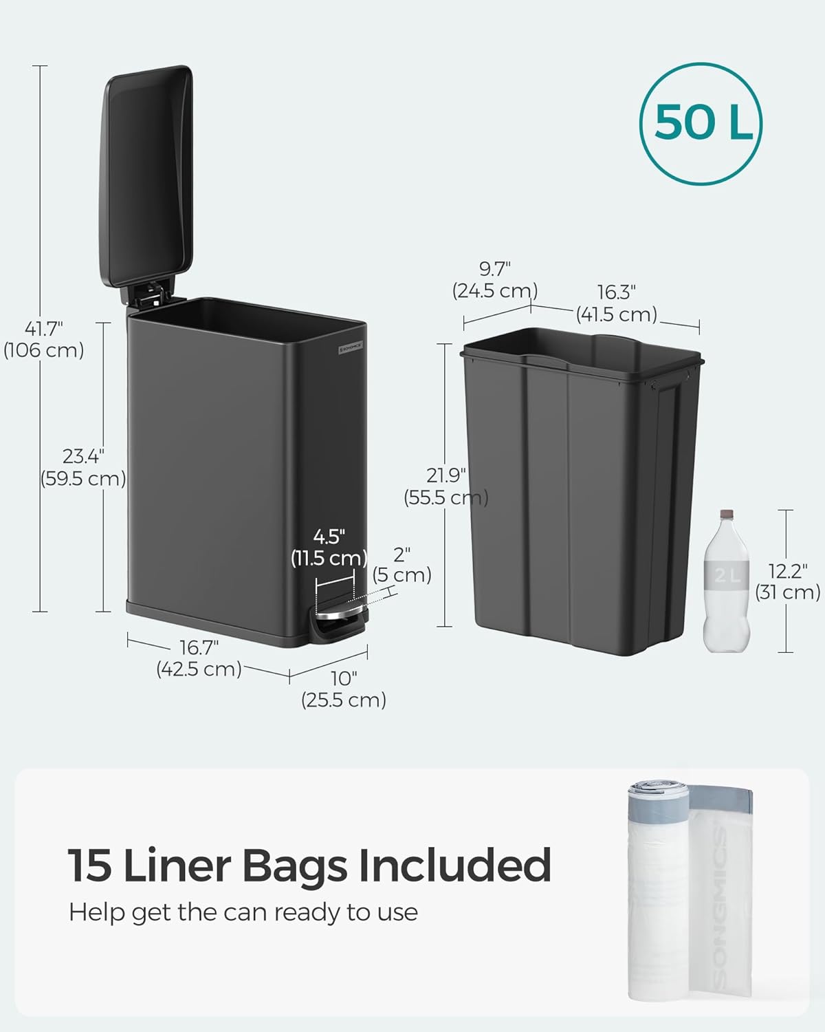 SONGMICS Slim Trash Can, 13-Gallon (50 L) Garbage Can for Narrow Spaces with Soft-Close Lid, Inner