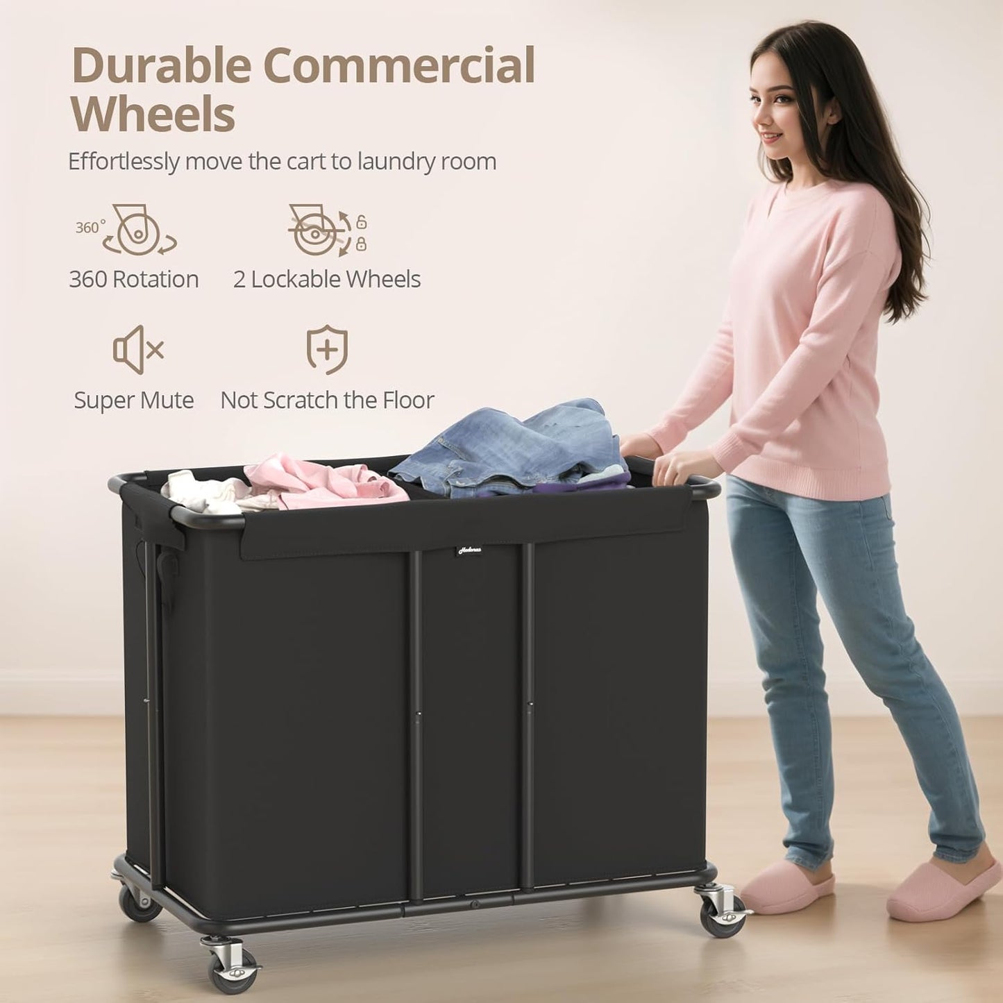 Laundry Hamper with Wheels, 2-Section 230L (61Gal) Large Capacity, Heavy-Duty Rolling Clothes