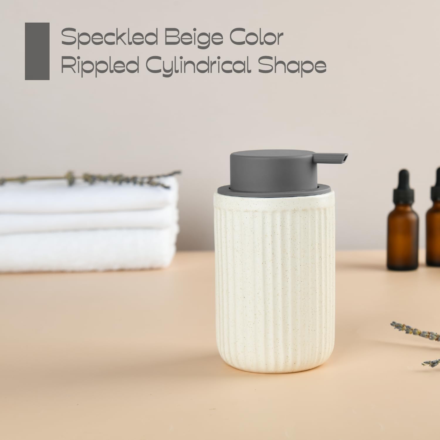 Beige Ceramic Foaming Soap Dispenser, Speckled Rippled 12 oz Bottle with Gray Silicone Pump, Foam