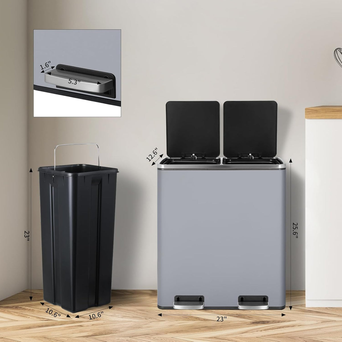 16 Gallon Rectangular Stainless Steel Trash Can, Dual Compartment Garbage Bin with Recycling Combo