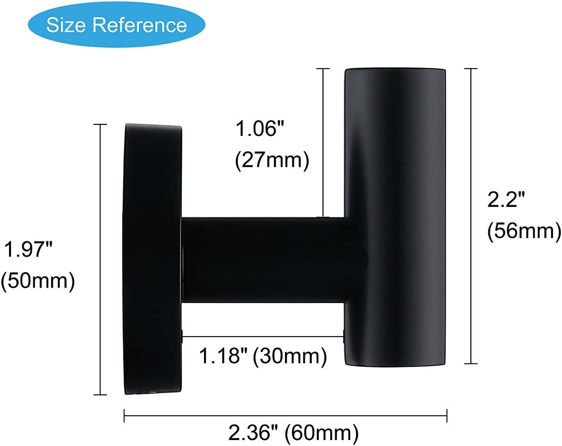 TASTOS Matte Black Bathroom Towel Coat Hook Stainless Steel, 2 Pack Robe Clothes Cabinet Closet