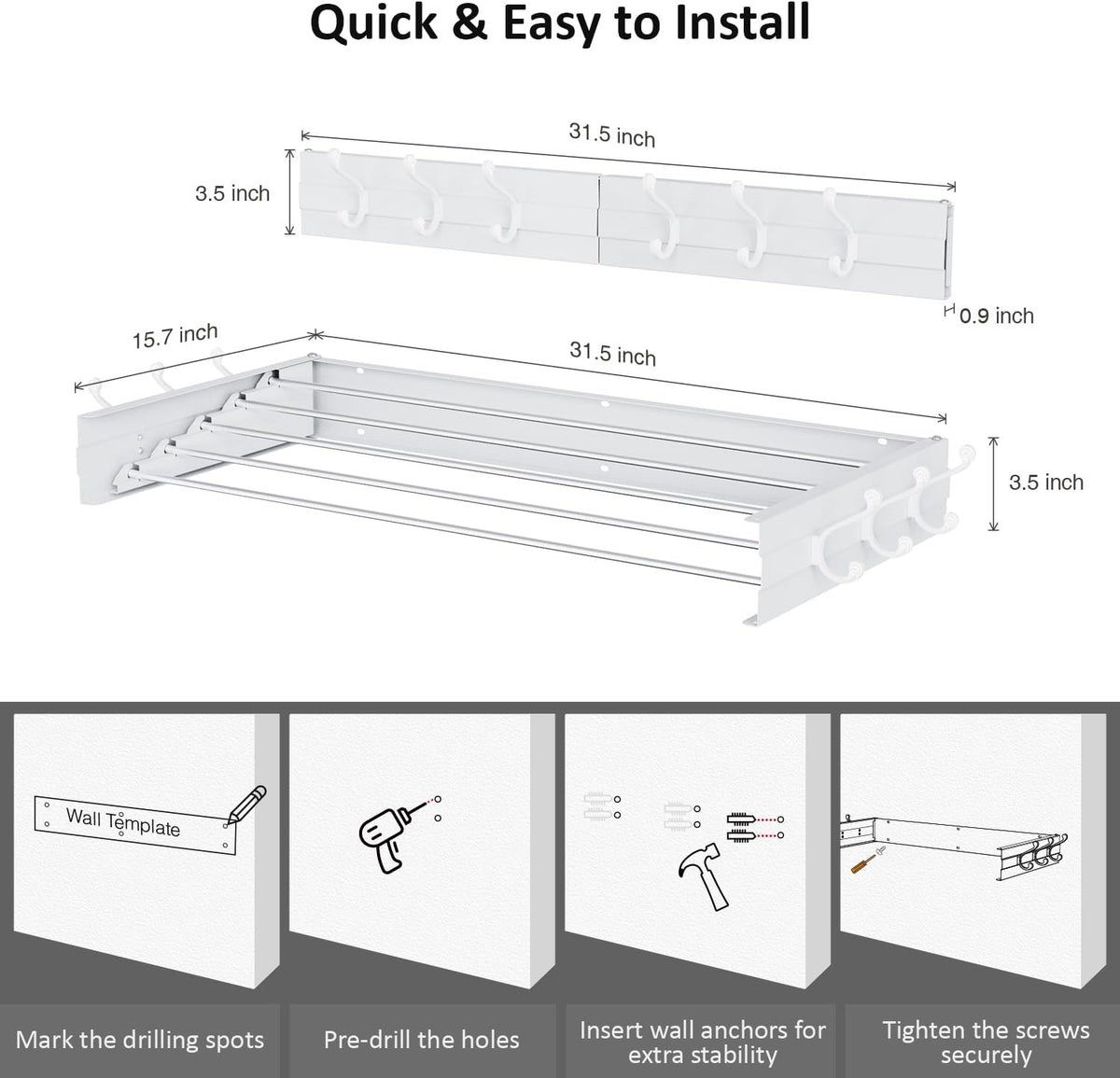 Laundry Drying Rack, Collapsible Wall Mounted Clothes Drying Rack - Foldable,Space Saving, 13.2