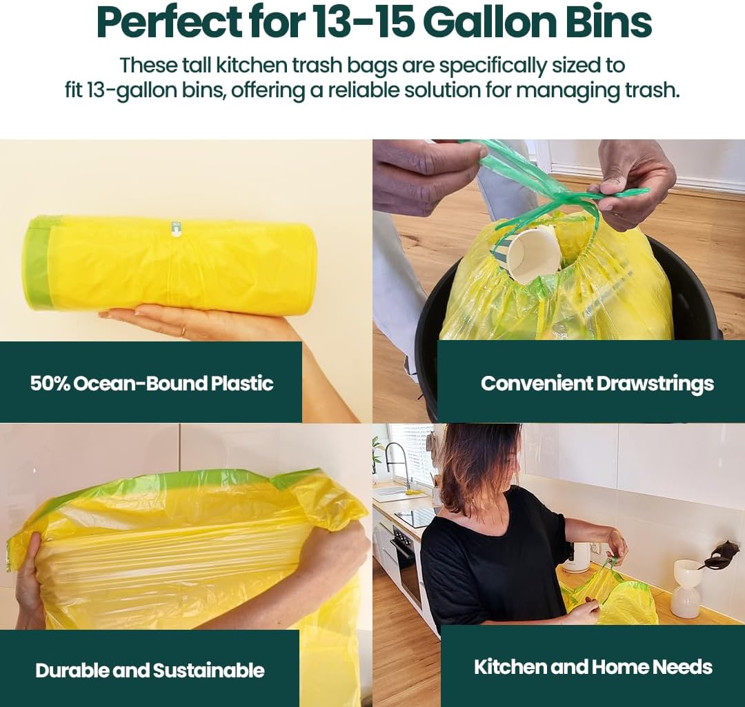 13 Gallon Trash Bags with Drawstrings, 40 Bags Made from 50% Recycled Plastic, Leakproof and