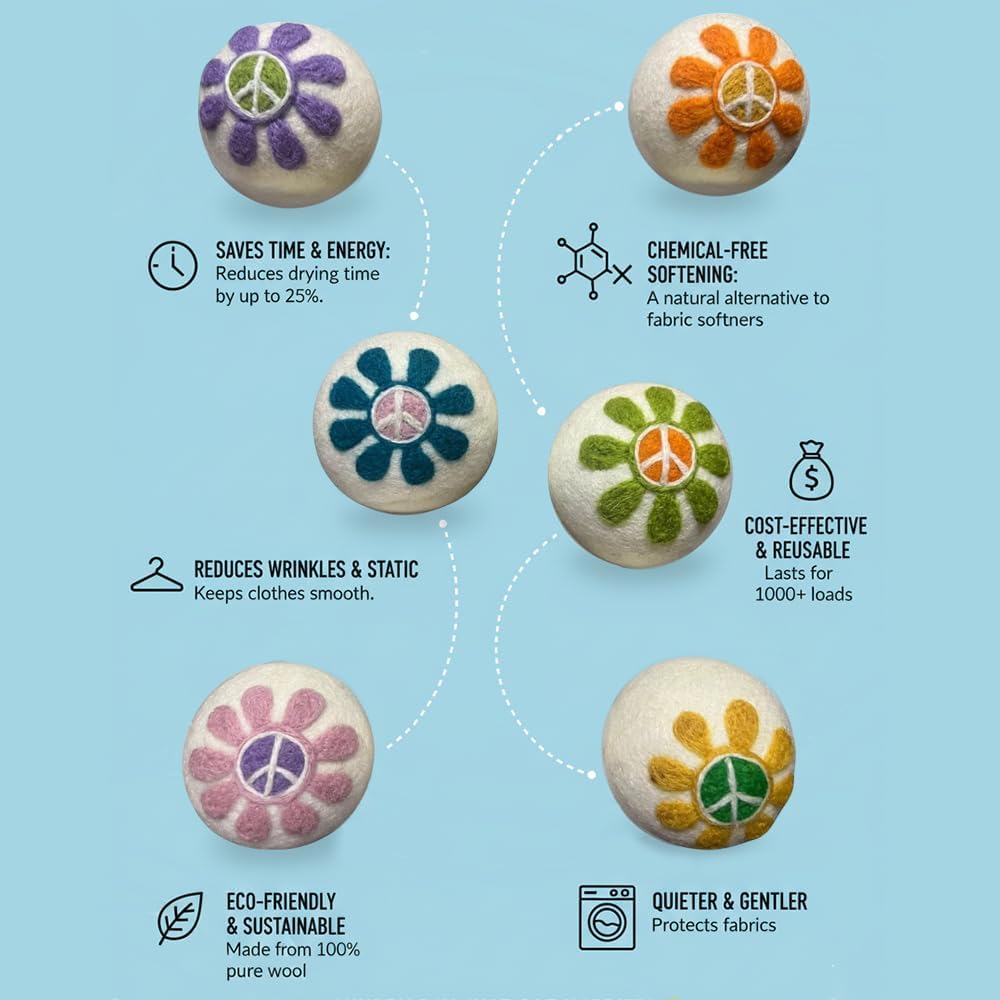 Ezhippie Quality Wool Dryer Balls - 6 XL Flower Pack - 1000+ Loads - Pure Organic Wool - Reusable