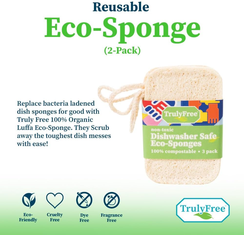 Truly Free Natural Cleaning Sponges, 100% Organic Luffa Dish Scrubber, Plant-Based Compostable