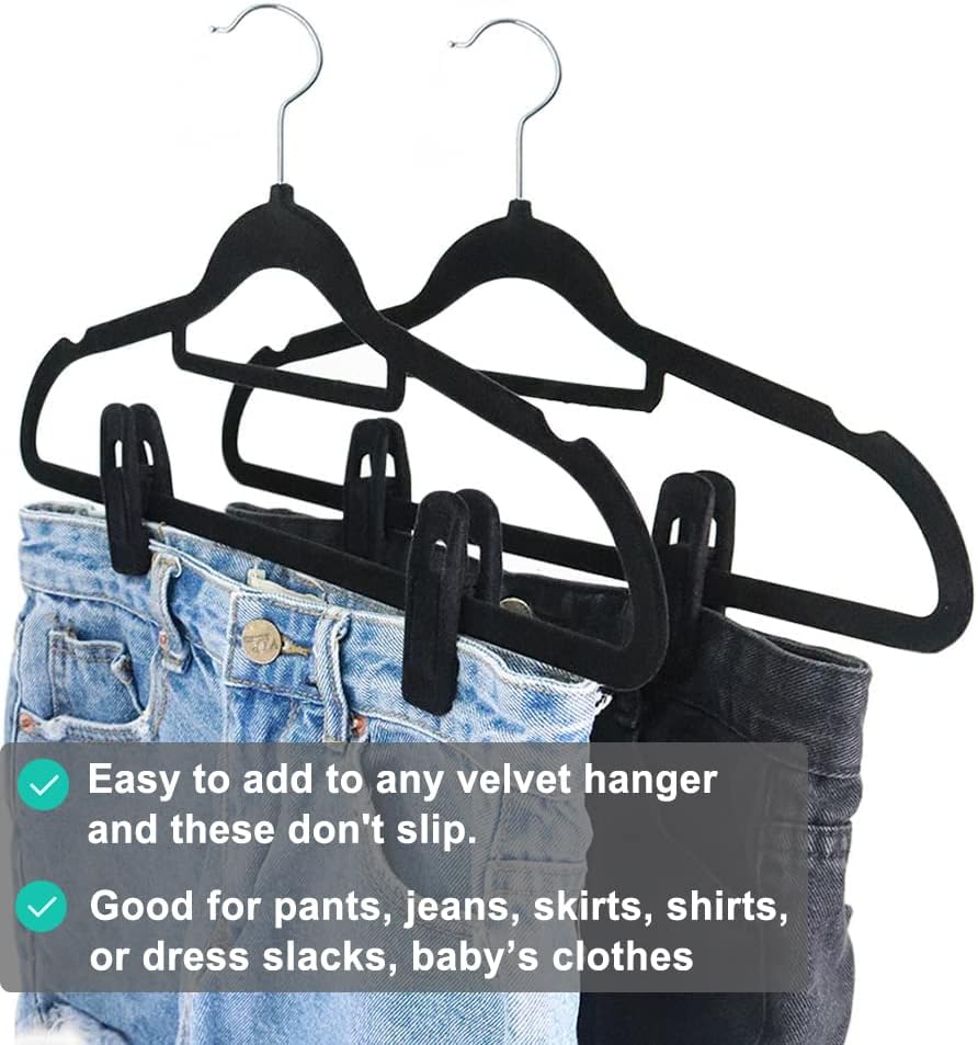 Black Velvet Hangers Clips 20 PCS, Non-Slip Velvet Clips for Suit Pant Skirt Hanger, Strong Finger