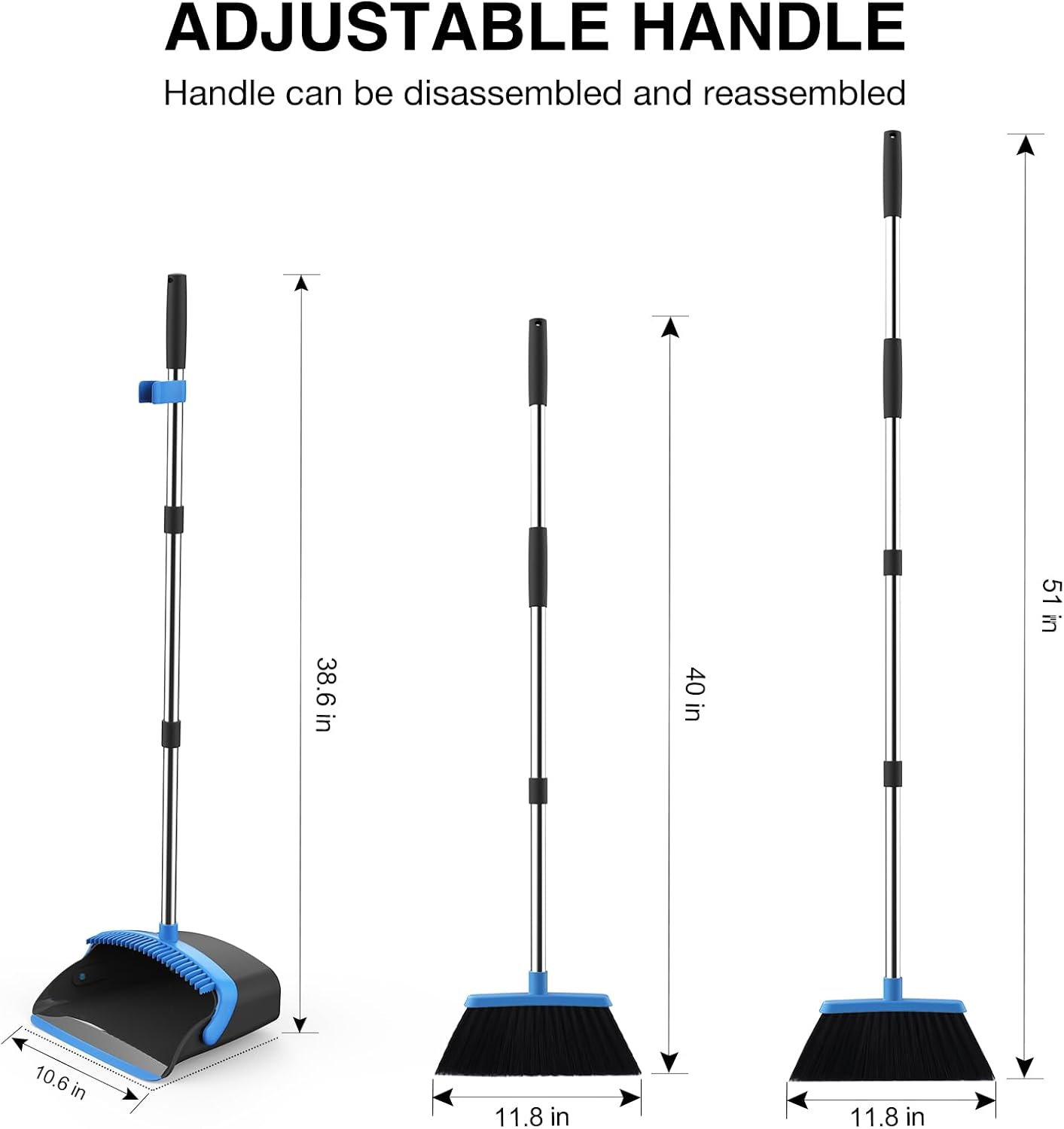 NACENA Broom and Dustpan Set, 52-in Long Adjustable Handle Broom Dustpan Combo with Dustpan Teeth