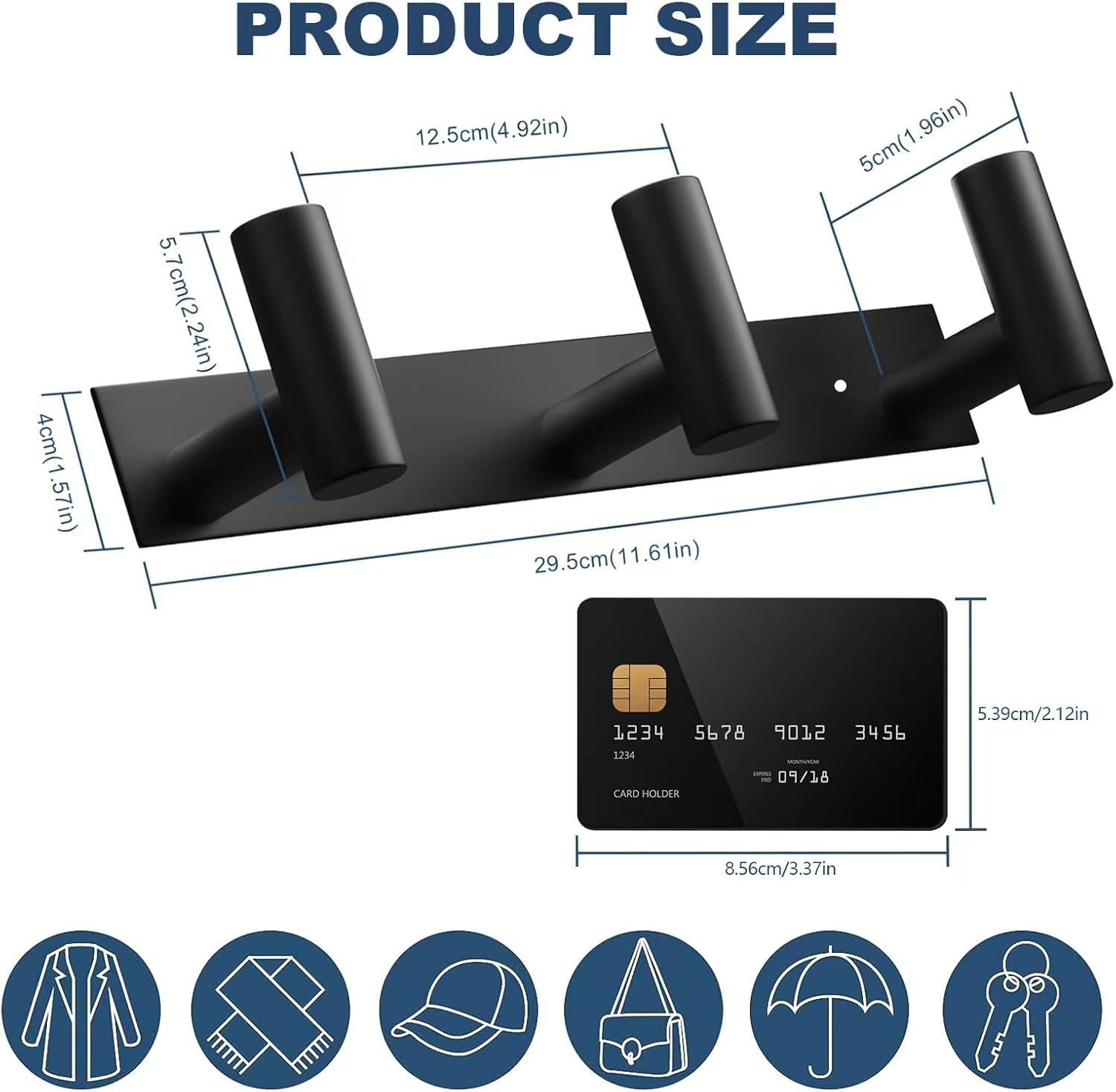 VAEHOLD Black Hat and Coat Wall Mount Rack - 3 Hooks for Robes, Bags, Keys, and Towels - Bathroom