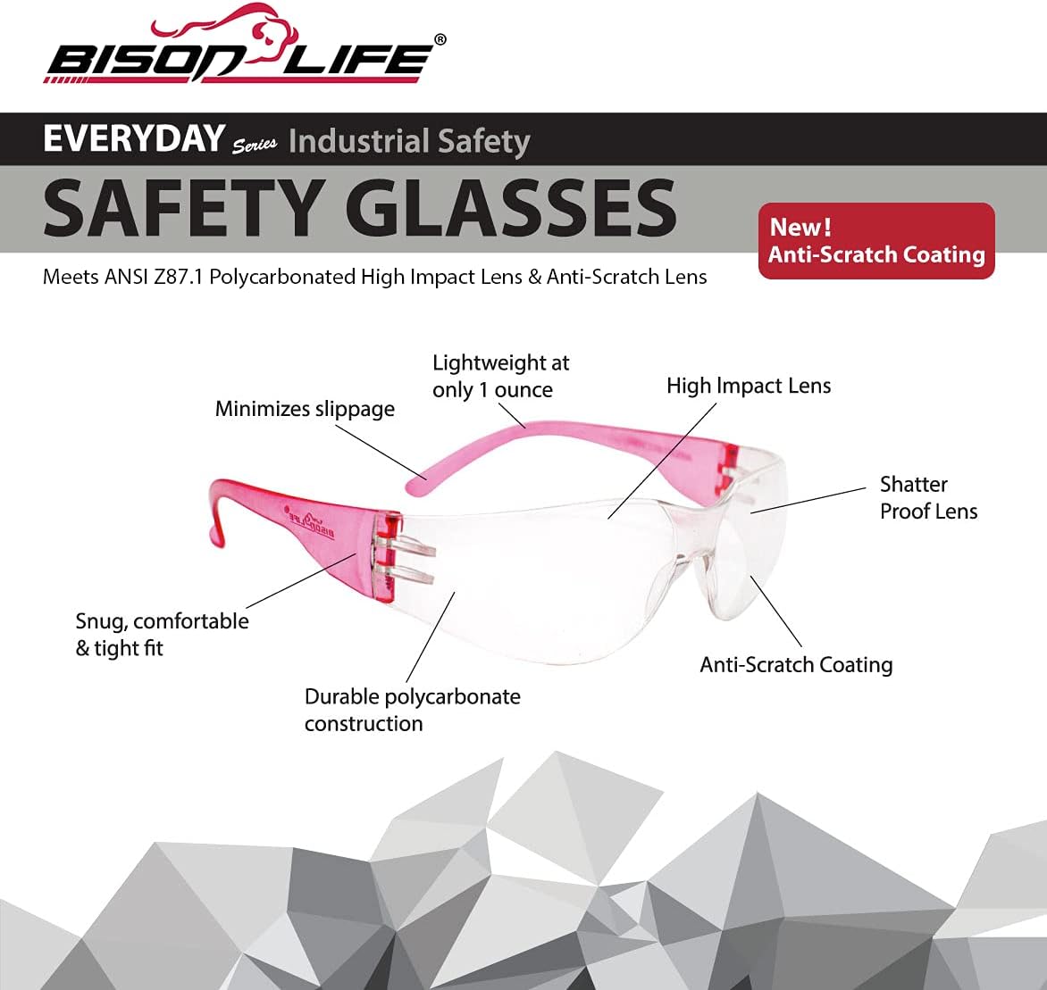 BISON LIFE Safety Glasses - Scratch Resistant Wrap Around Eyewear, Polycarbonate ANSI Z87.1 Impact