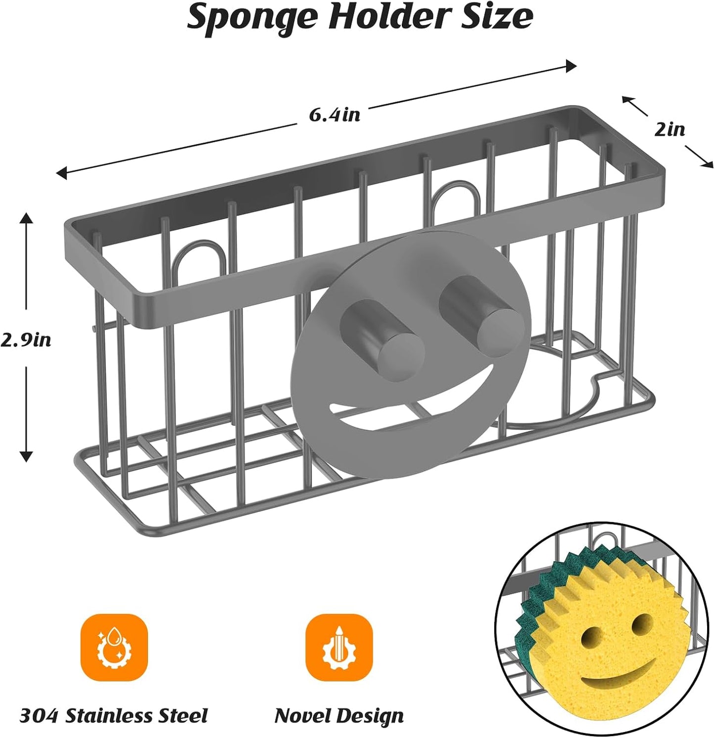 Sponge Holder Smiley Face,Sink Caddy for Kitchen Sink,Sponge Holder with 2 PCS Suction Cups/1 PCS