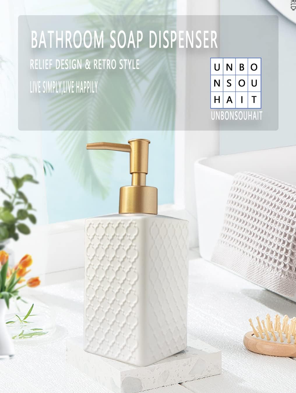Gold Soap Dispenser for Bathroom,Retro White Square Lotion Dispenser, Refillable Countertop Ceramic