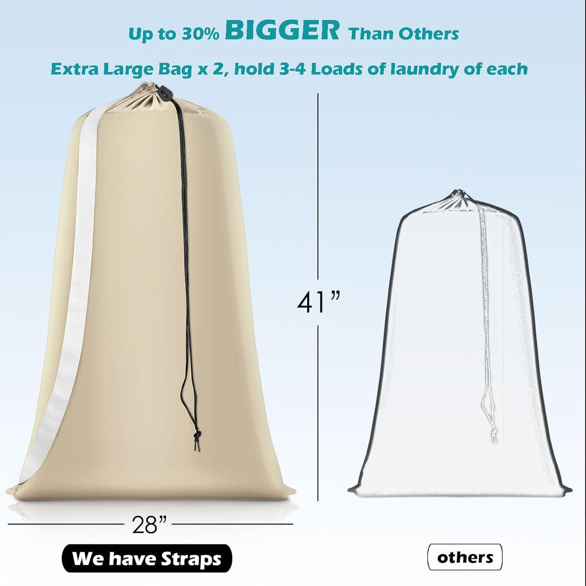 Heavy Duty Laundry Bag 2 Pack XL Nylon Laundry Bags with Straps, Washable Large Dirty Clothes