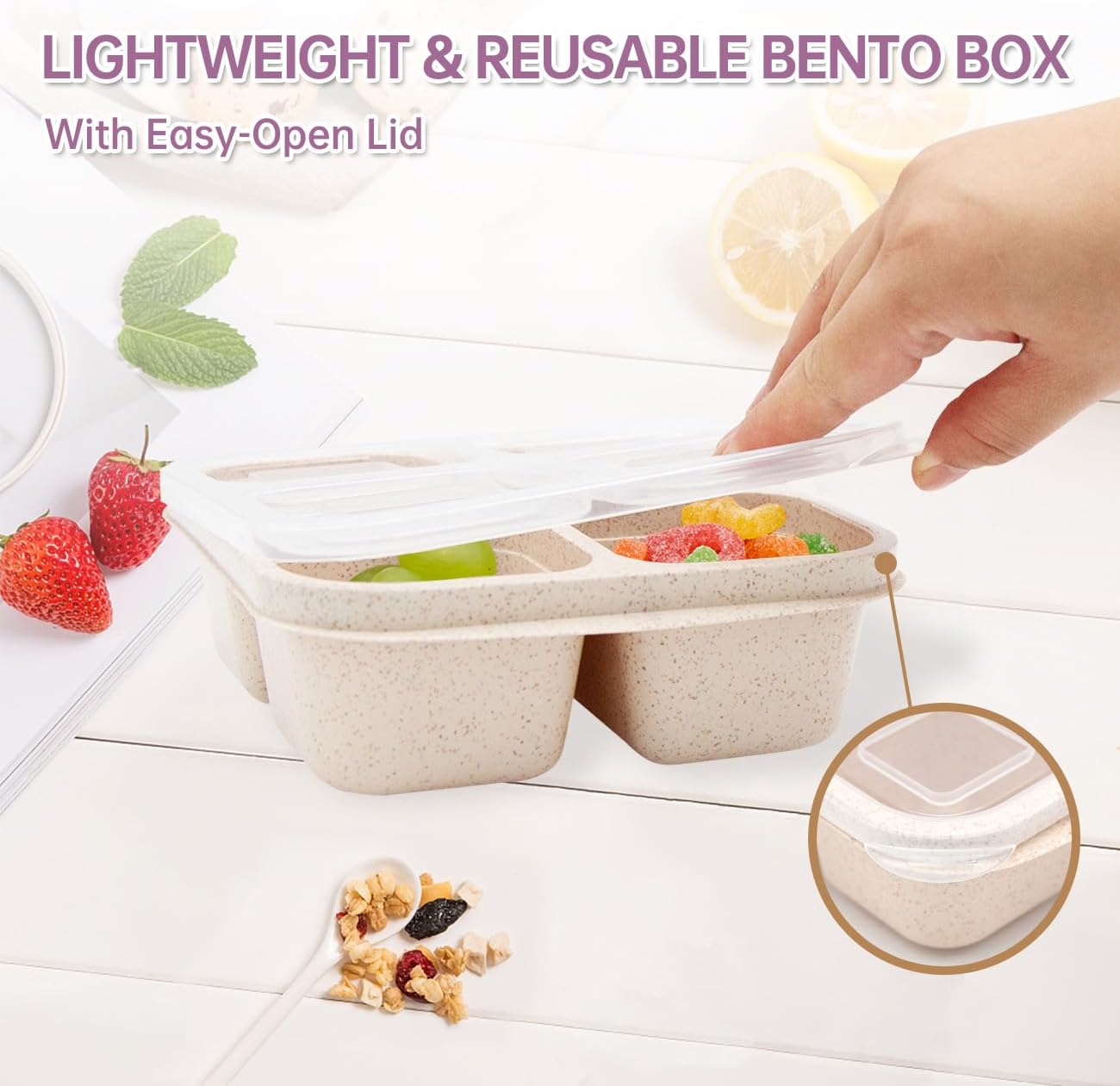 4 Pack Bento Lunch Box，4 Compartment Snack Containers，Divided Bento Snack Box，Meal Prep Containers