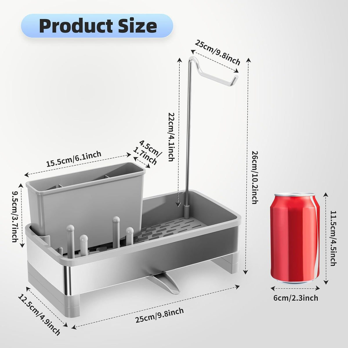 Stainless Steel Sink Caddy, Sponge Holder for Kitchen Sink with Brush Holder & Dishcloth Rack
