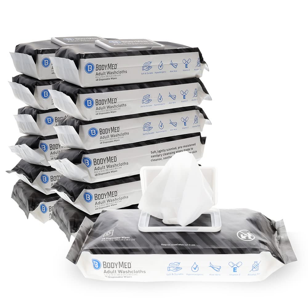 BodyMed Adult Disposable Incontinence Wipes, 48 Wipes/Pack (12-Pack) - Pre-Moistened &