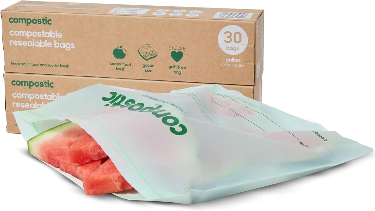 Compostic Home Compostable Resealable Gallon Bags (10.5"x10.5"), Microwave & Freezer Safe, Organic