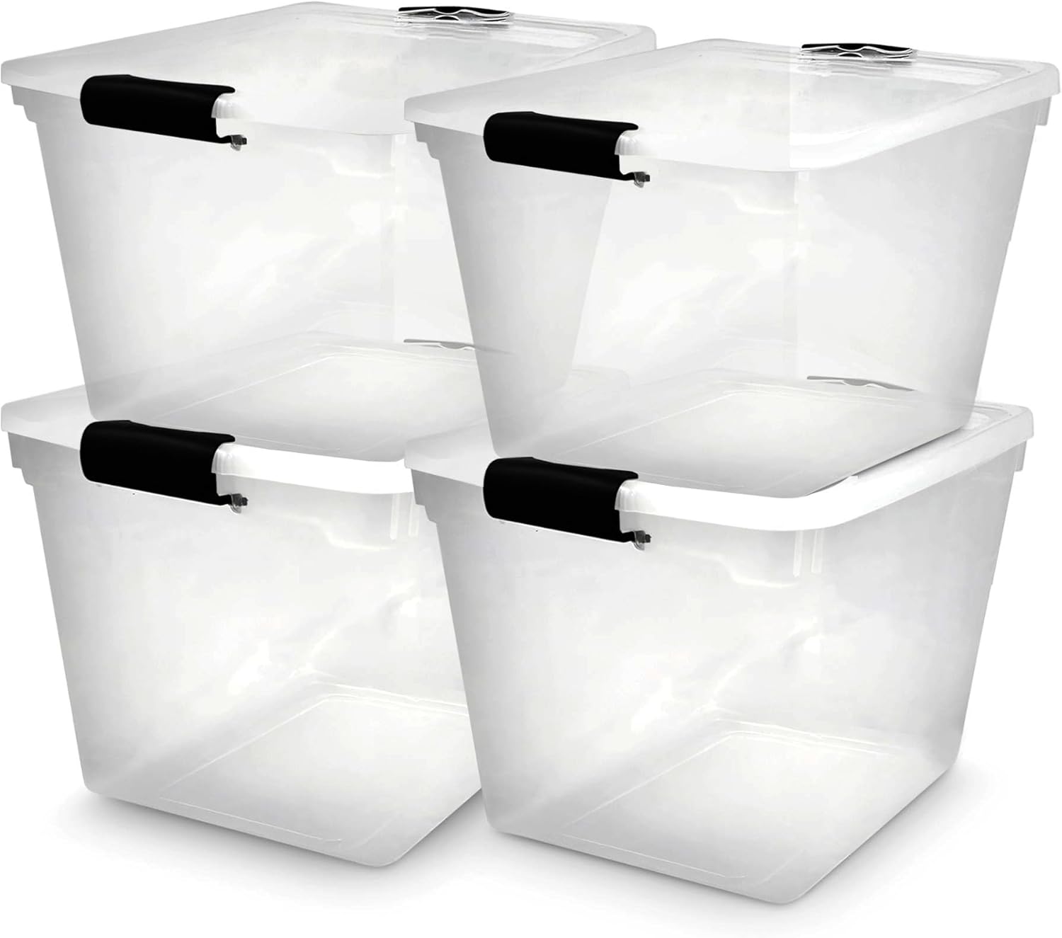 HOMZ 4-Pack Latching Lid, Large Clear Plastic Storage Bins with Lids, 31 Quart, Gray Latch