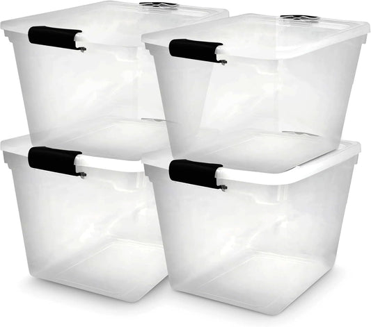 HOMZ 4-Pack Latching Lid, Large Clear Plastic Storage Bins with Lids, 31 Quart, Gray Latch