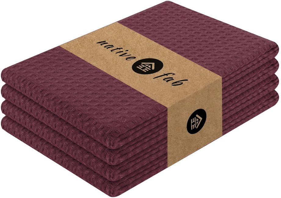 Native Fab Cotton Kitchen Towel with Hanging Loop 16x26 inches, 4-Pack, Waffle Weave Kitchen Towels
