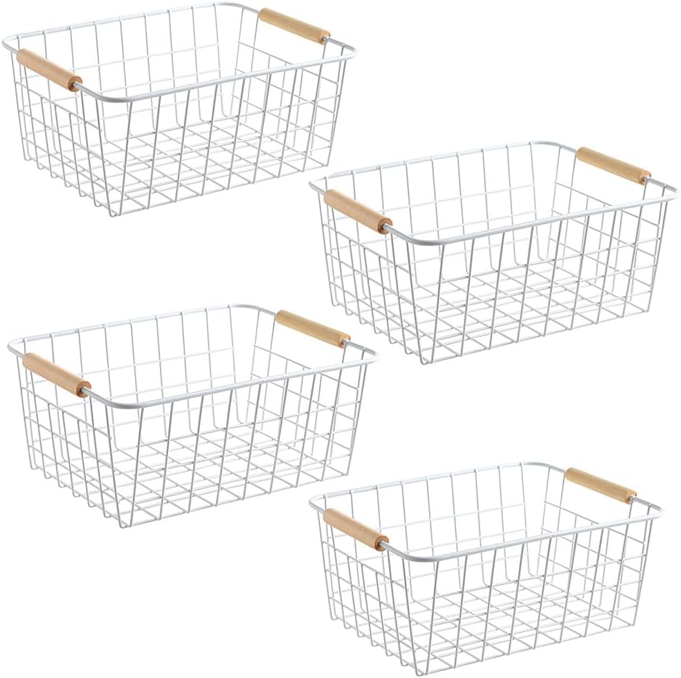 LeleCAT White Wire Baskets for Organizing with Handles，Pantry Organizers and Storage For Kitchen