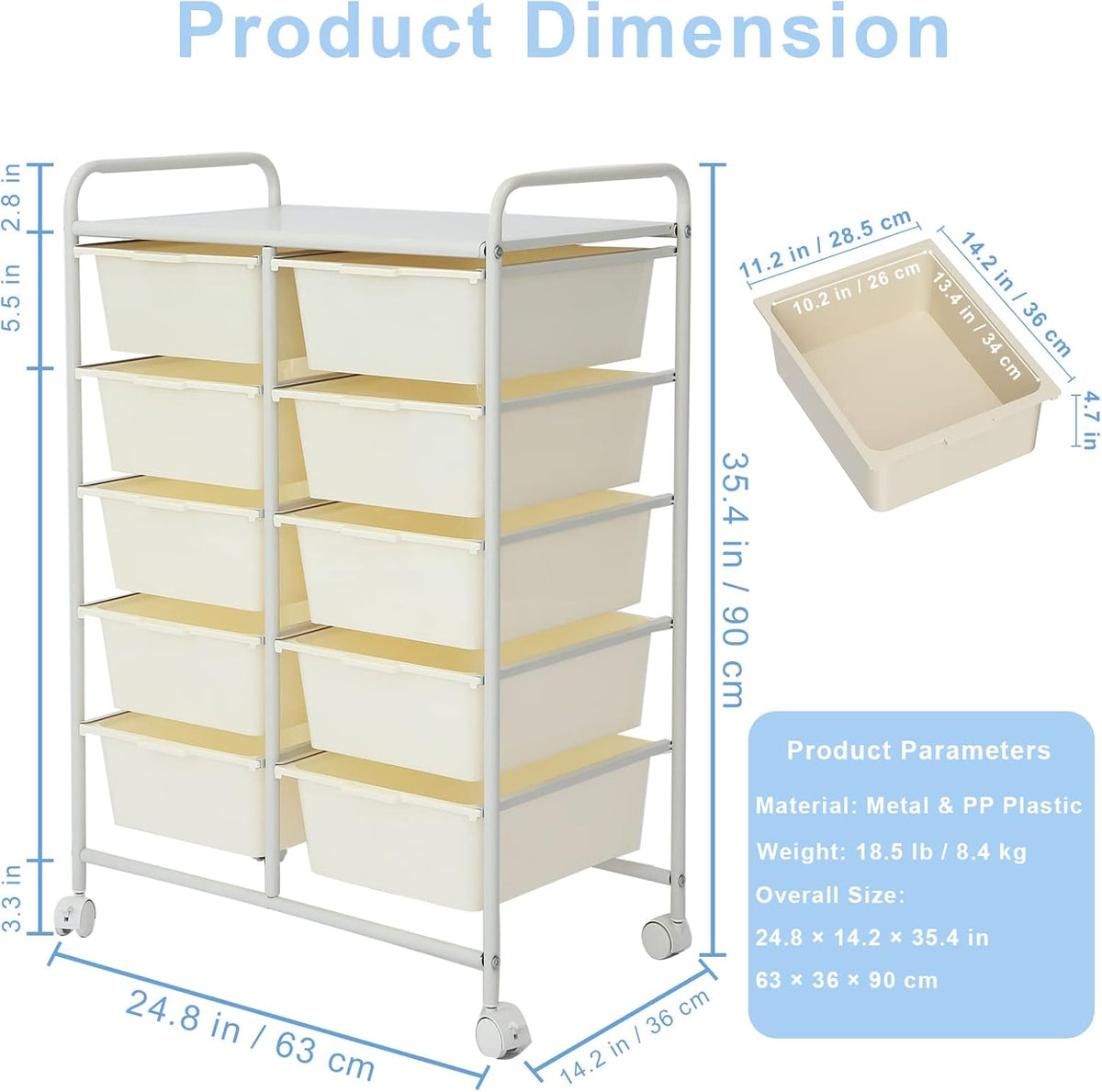 Rolling Cart with 10 Drawers, Plastic Drawer Cart with Metal Frame, Multipurpose Art Craft Cart