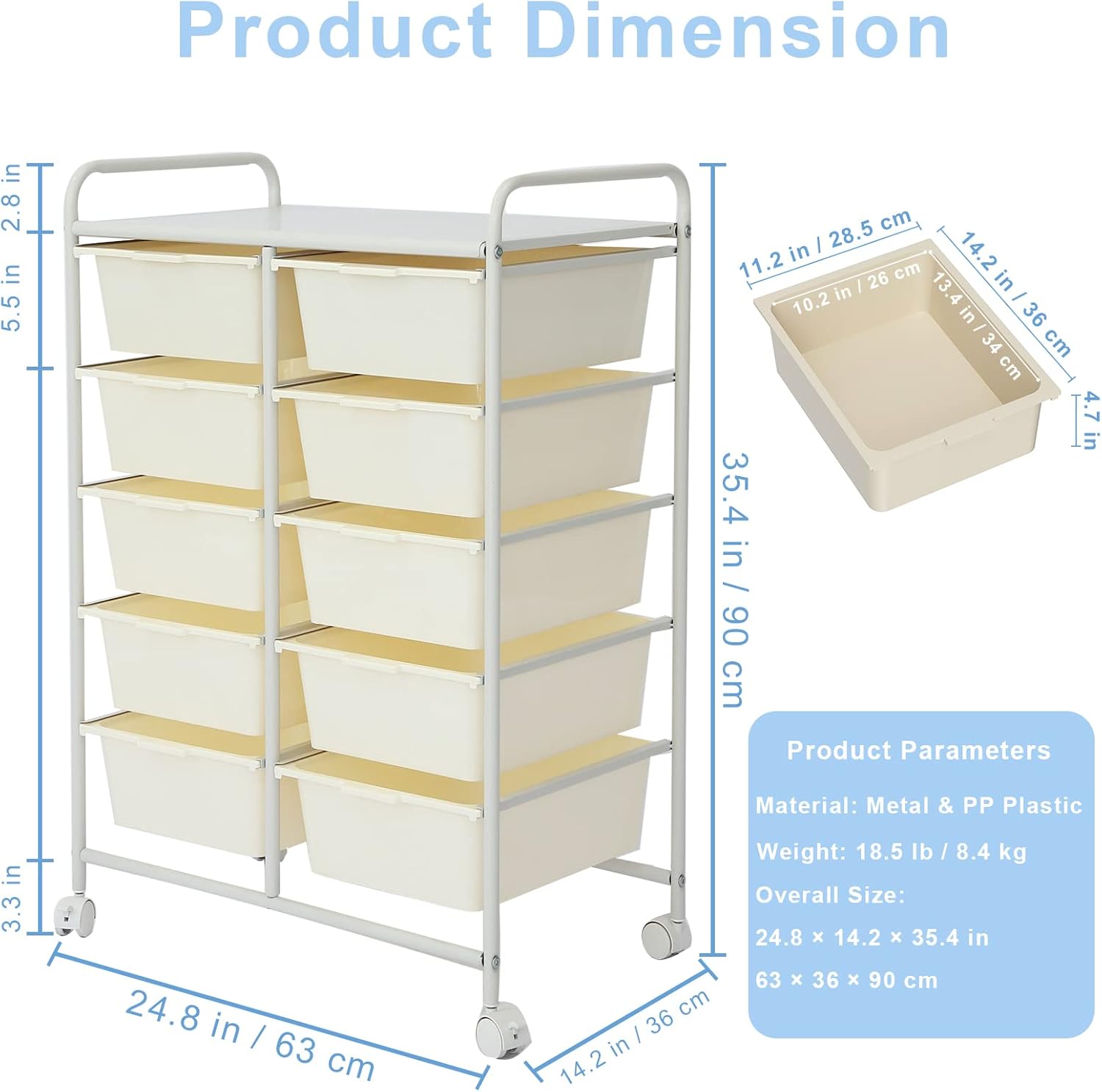 Rolling Cart with 10 Drawers, Plastic Drawer Cart with Metal Frame, Multipurpose Art Craft Cart