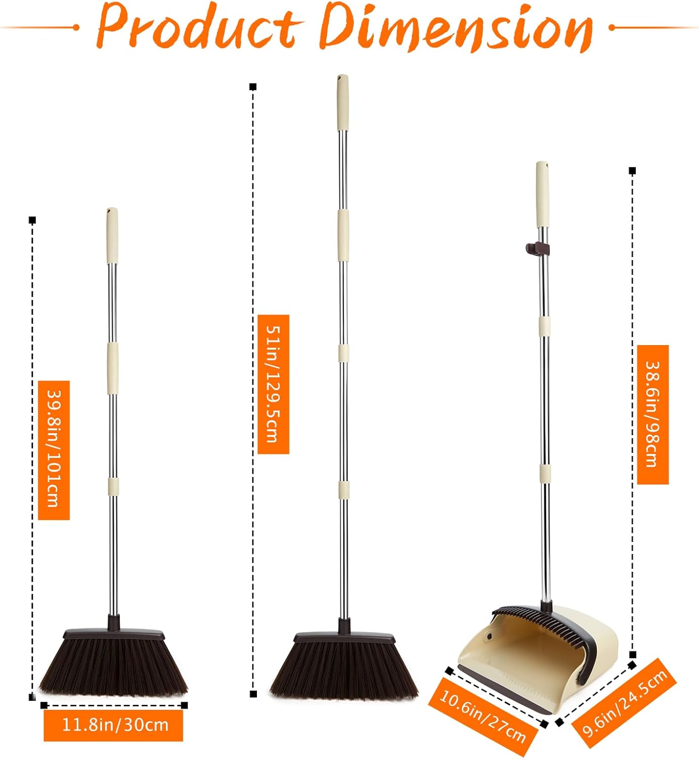 Broom and Dustpan Set, Dustpan Combo with 51" Stainless Steel Long Handle Brooms with 5-Layer Soft